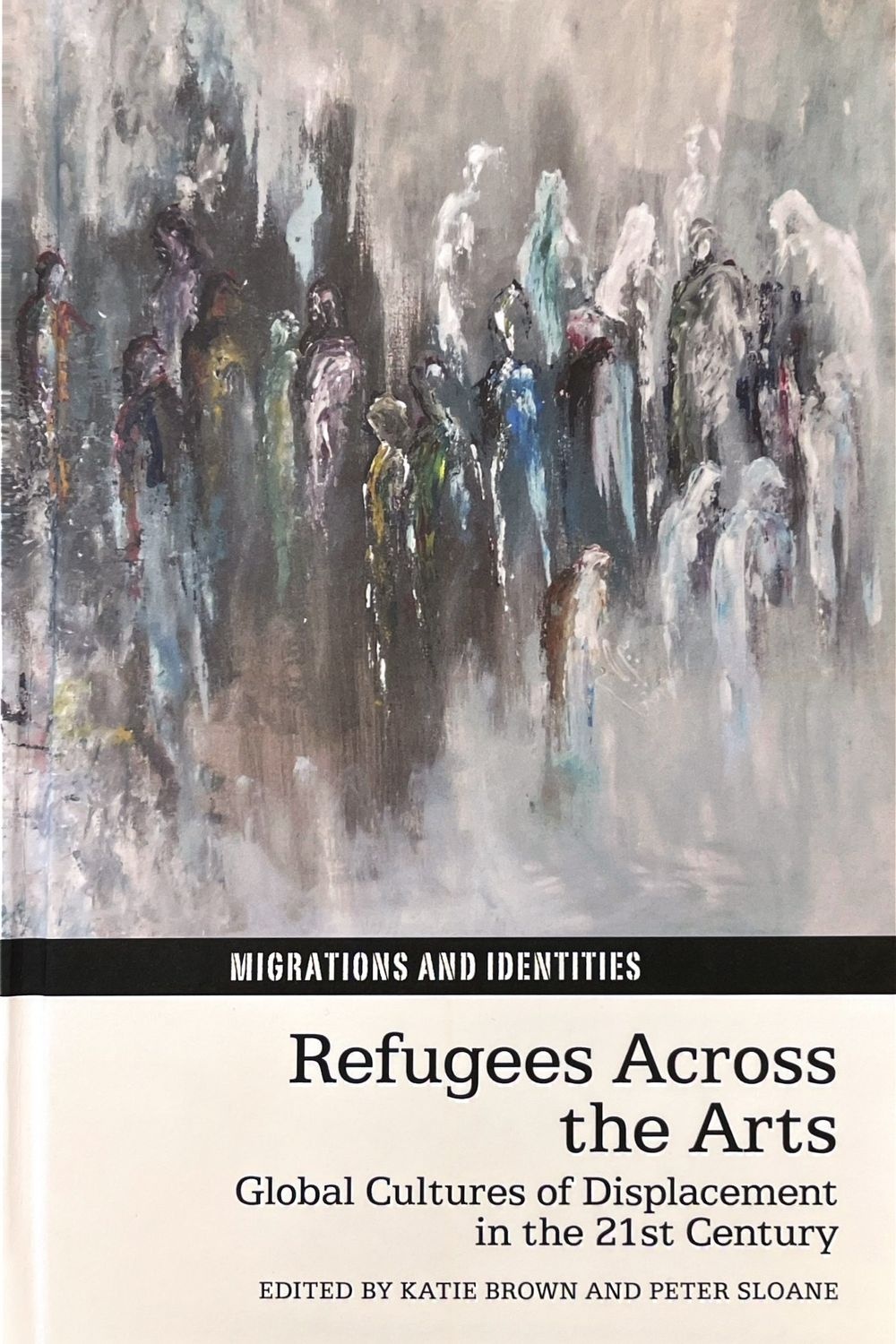 Cover image for Refugees Across the Arts featuring abstract gray-toned artwork 