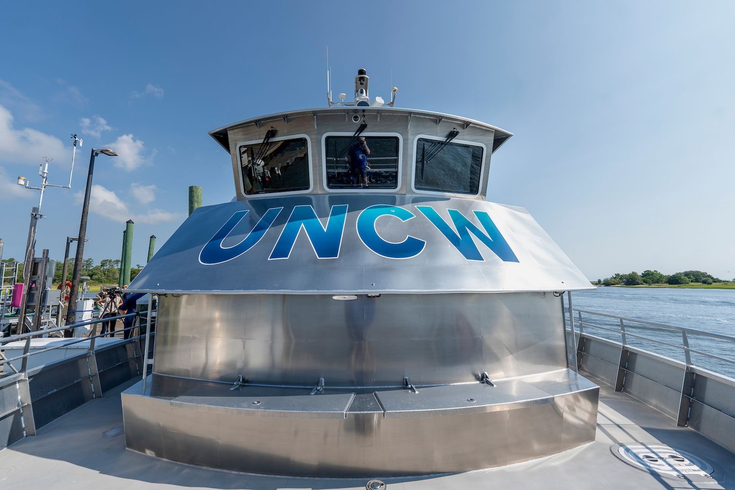 Large UNCW decal on the front of the R/V Osprey